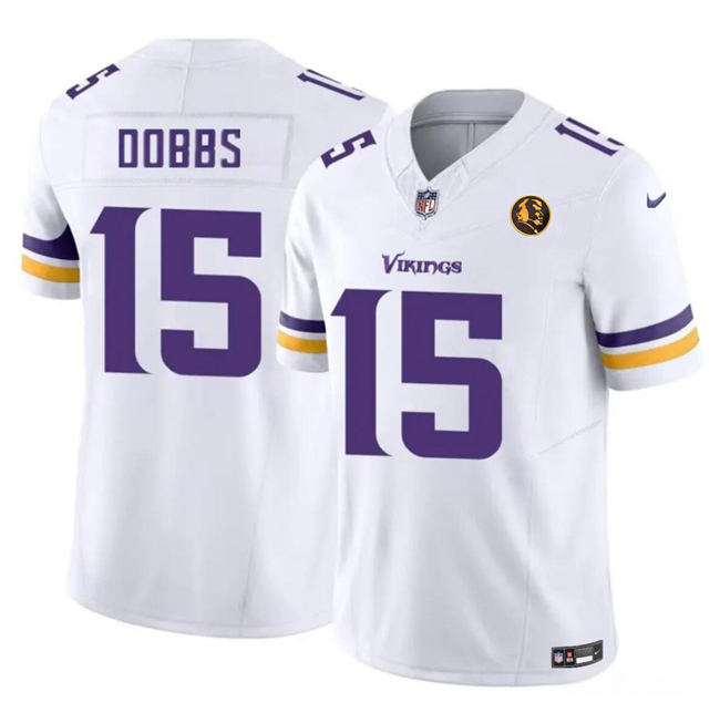Men's Minnesota Vikings #15 Josh Dobbs Purple White 2023 F.U.S.E. With John Madden Patch Vapor Limited Football Stitched Jersey